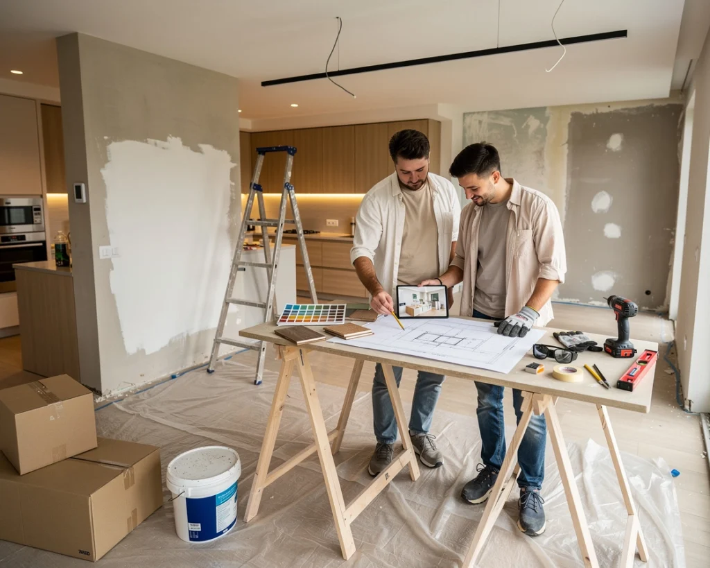Deux hommes sont sur un chantier et discutent Deux hommes sont sur un chantier et discutent