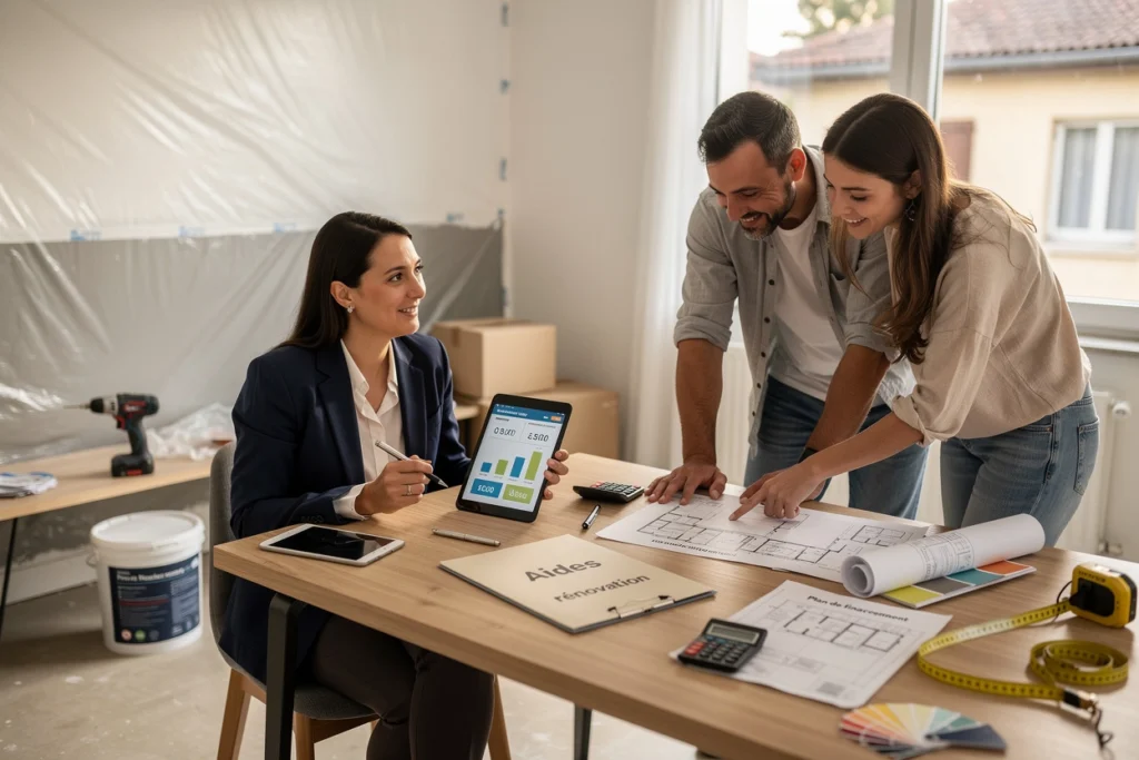 une femme et un cuple parlent au sujet des aides à la rénovation une femme et un cuple parlent au sujet des aides à la rénovation