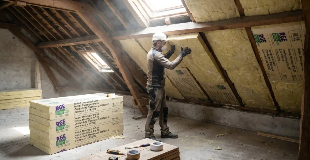 Artisan installant des panneaux d'isolation thermique certifiés dans les combles d'une maison individuelle lors d'un chantier de rénovation énergétique