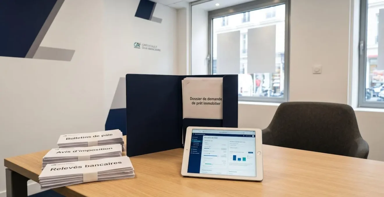 Bureau de conseiller bancaire avec dossier de prêt travaux ouvert, pièces justificatives empilées et tablette affichant un simulateur de crédit en français