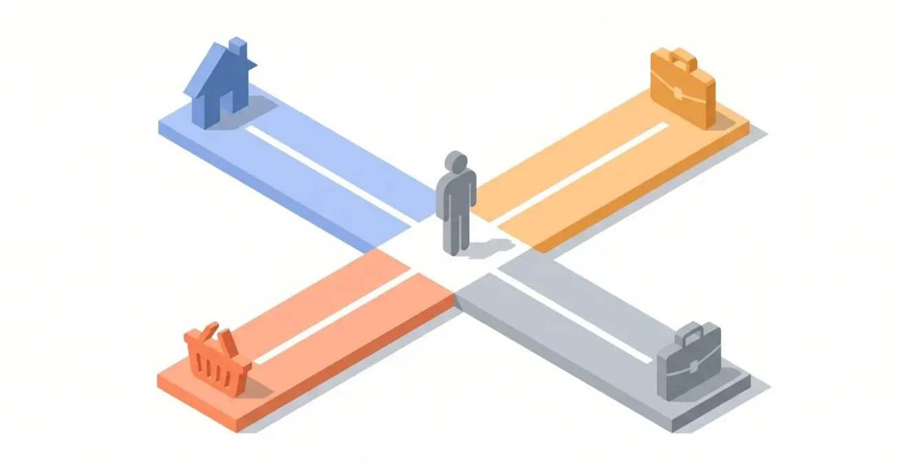 Illustration isométrique d'un carrefour à trois voies symbolisant les trois types de rachat de crédit : immobilier, consommation et professionnel