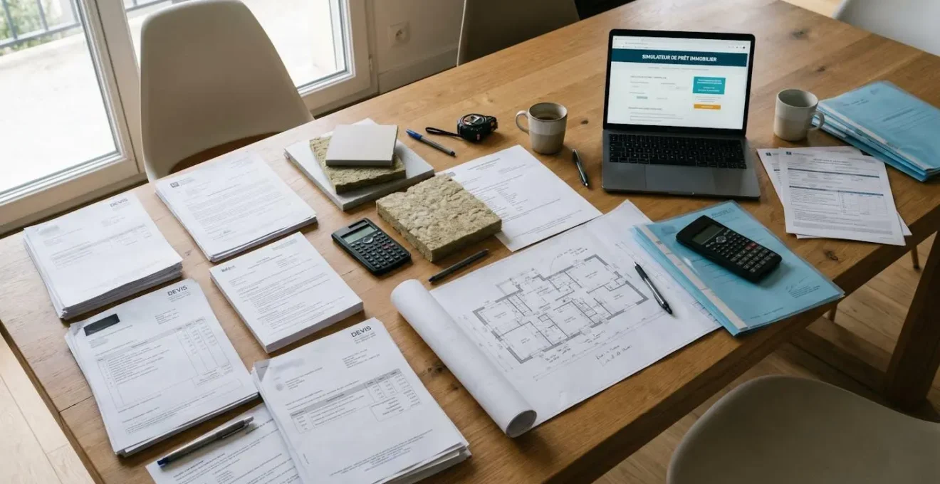 Table de salle à manger avec devis d'artisans, calculatrice, ordinateur portable affichant un simulateur de crédit, et documents bancaires étalés pour préparer une demande de financement travaux