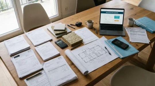 Table de salle à manger avec devis d'artisans, calculatrice, ordinateur portable affichant un simulateur de crédit, et documents bancaires étalés pour préparer une demande de financement travaux