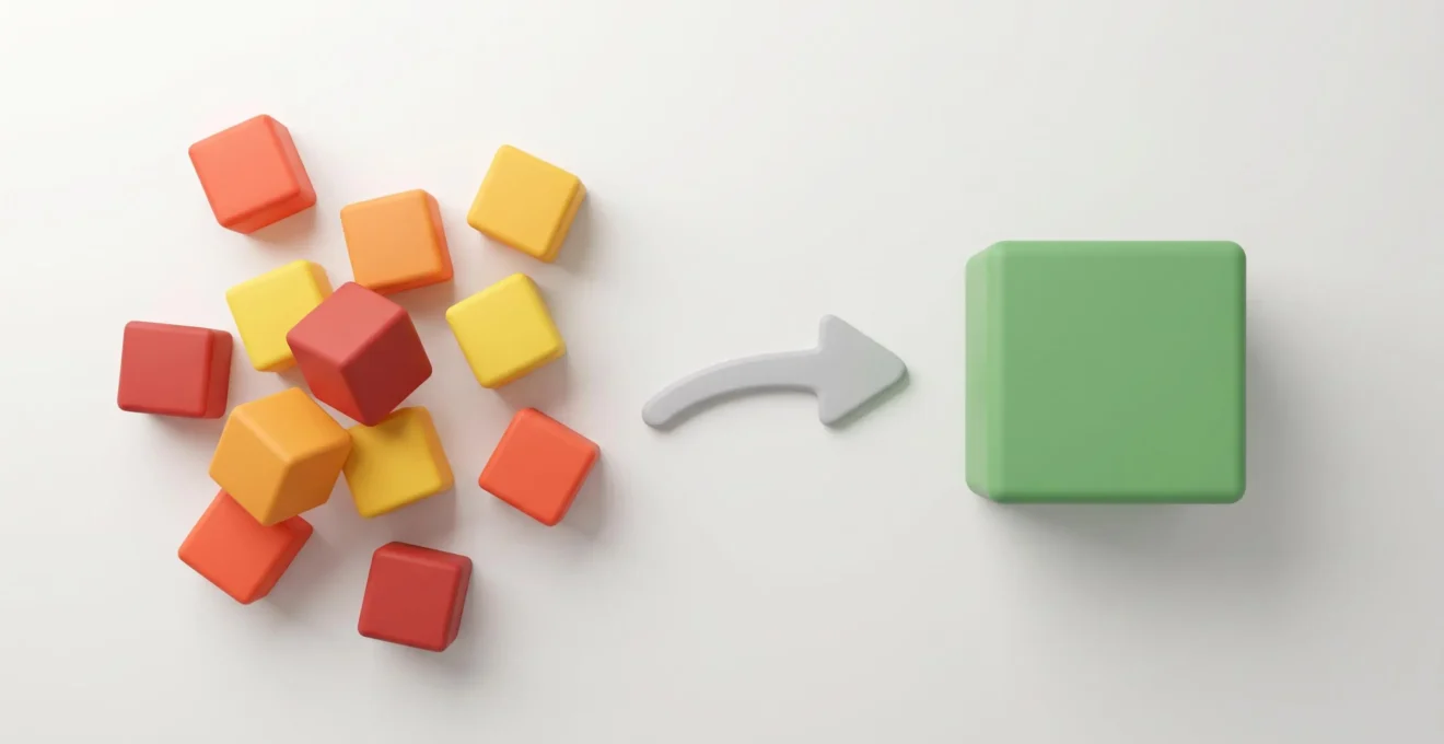 Illustration 3D montrant plusieurs petits cubes colorés dispersés se transformant en un seul grand cube vert organisé, symbolisant le regroupement de crédits
