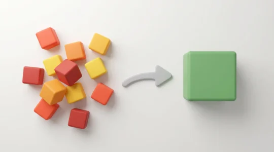Illustration 3D montrant plusieurs petits cubes colorés dispersés se transformant en un seul grand cube vert organisé, symbolisant le regroupement de crédits