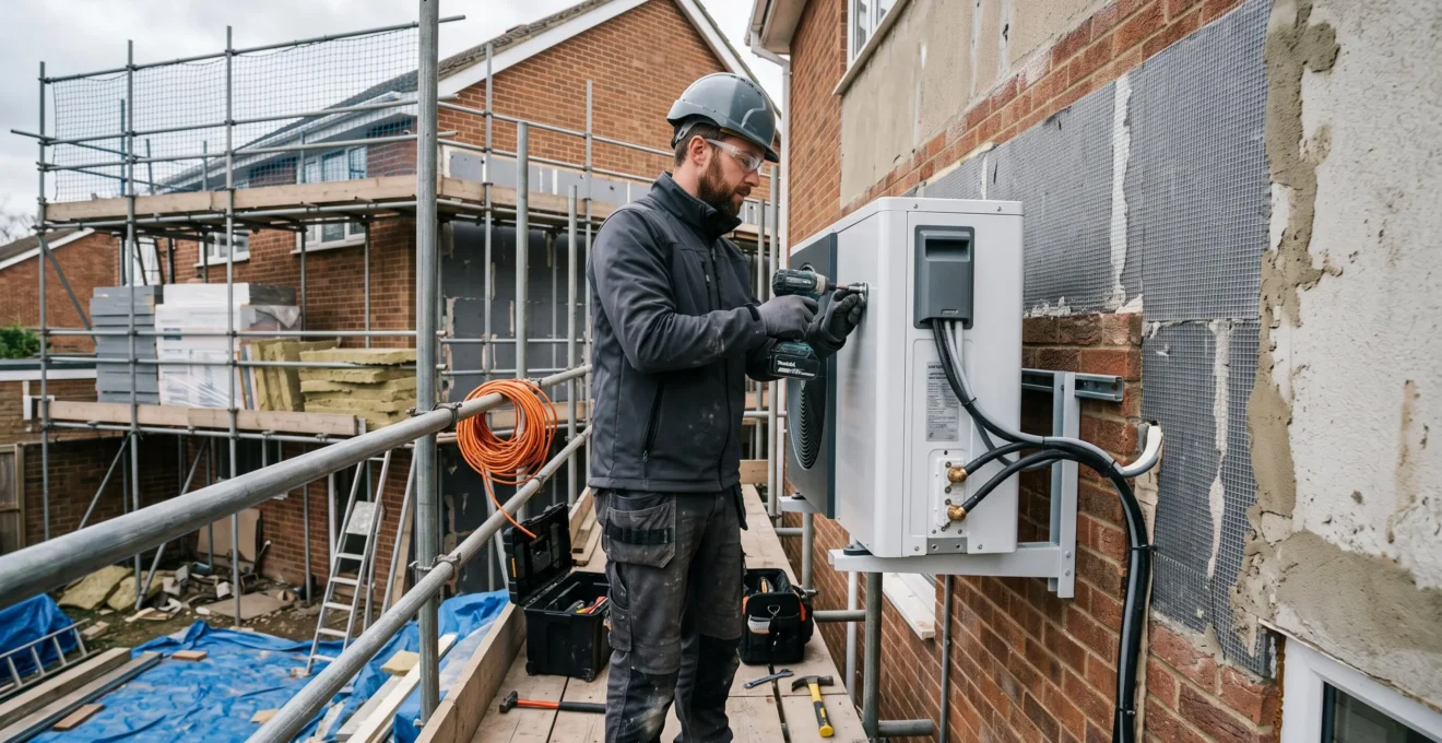 Artisan installant une pompe à chaleur sur le mur extérieur d'une maison en rénovation énergétique, échafaudage et matériaux d'isolation visibles sur le chantier