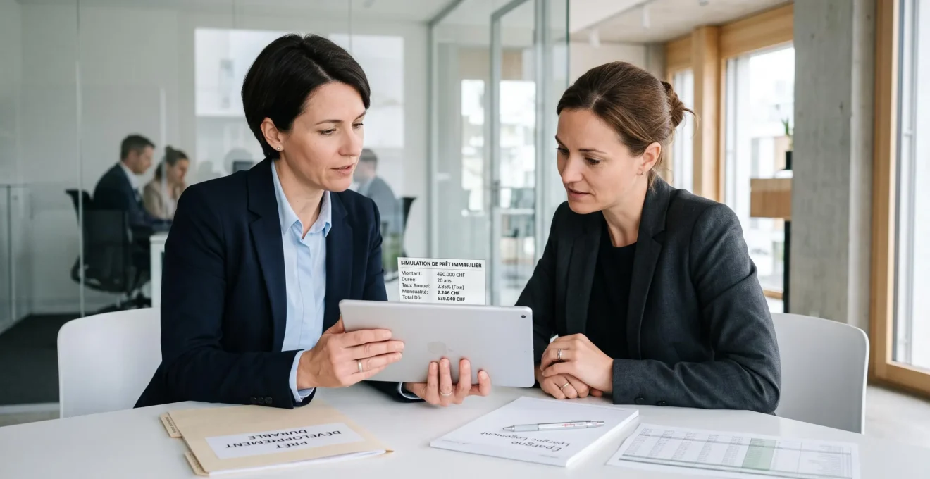 Conseillère bancaire et cliente consultant ensemble une simulation de prêt travaux sur tablette numérique dans un bureau d'agence moderne
