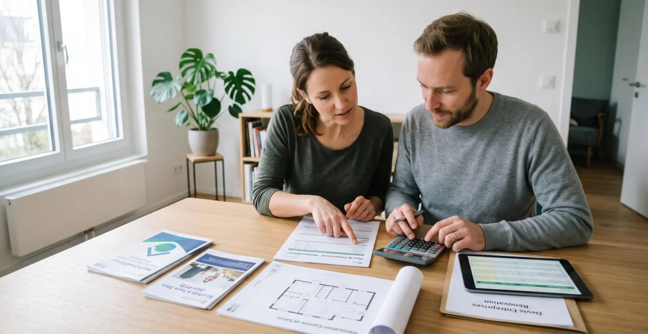 Couple assis à une table examinant des documents de financement de travaux de rénovation, devis et brochures d'aides publiques étalés, calculatrice à la main, dans un intérieur contemporain éclairé par lumière naturelle