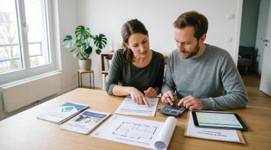 Couple assis à une table examinant des documents de financement de travaux de rénovation, devis et brochures d'aides publiques étalés, calculatrice à la main, dans un intérieur contemporain éclairé par lumière naturelle