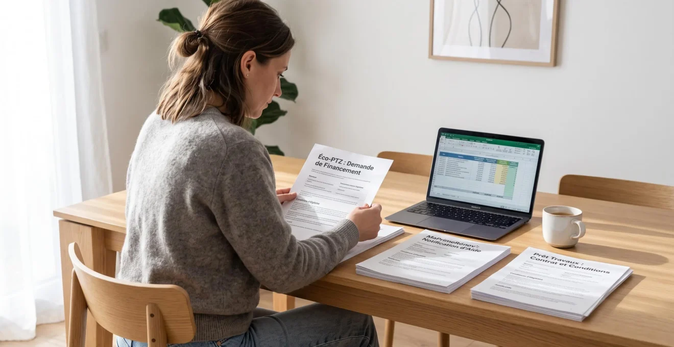 Femme assise à une table comparant trois piles de documents de financement (Éco-PTZ, MaPrimeRénov', Prêt Travaux) alignées devant elle, ordinateur portable ouvert à côté